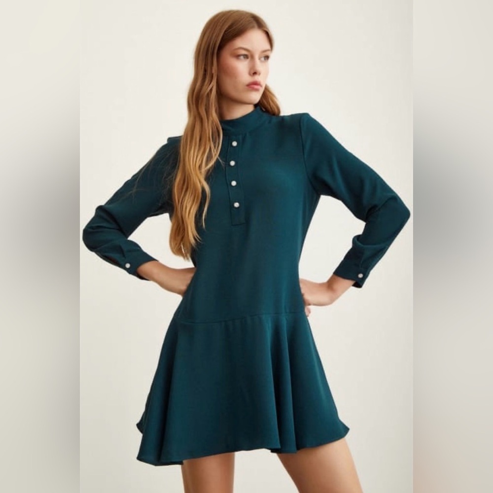 NWT Zara Mock Neck Dress Emerald Green Long Sleeve Crystal Buttons Sz XS